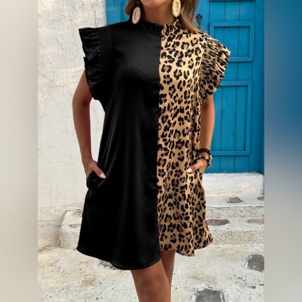 Leopard Color Block Ruffle Sleeve Dress - Picture 6 of 10